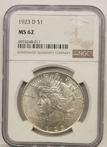 1923-D $1 Peace Silver Dollar Denver Mint NGC MS62, Beautiful White Coin - Picture 1 of 2