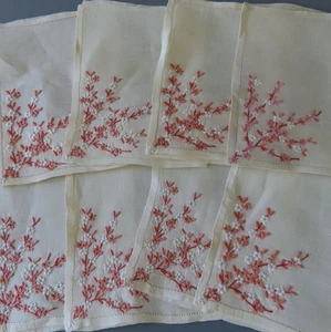 Box 8 Vintage MADEIRA Linen COCKTAIL Napkins Hand Embroidered PINK Flower Sprigs - Picture 1 of 8