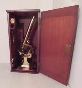 An Antique Baker Brass Microscope In Original Wooden Case - Picture 1 of 23
