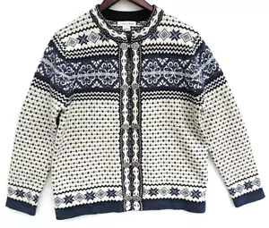 Carroll Reed Navy Blue Nordic Fair Isle Wool Cardigan Sweater Womens Size Medium - Picture 1 of 12