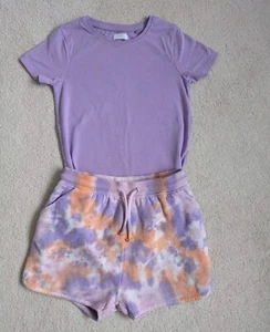 Next Girls Purple & Orange Tie Dye Shorts T Shirt Outfit Set Age 7 6-7 Worn Onc - Picture 1 of 4