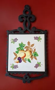 MCM Vintage Cast Iron Tile Trivet Fruit JAPAN GRAPES Yellow Purple Green PEACH - Picture 1 of 5
