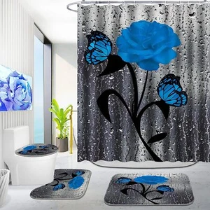 Blooming Flower Printed Shower Curtain Rose Decorative Bath Curtain Set w/ Hooks - Picture 1 of 20