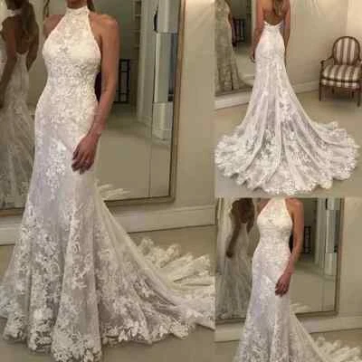 Mermaid Wedding Dress Halter Neck Backless Lace Sweep Train Beach Bridal Gown - Image 1 of 4