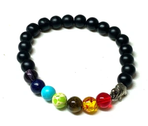 Magic Crystals Black Onyx Matte Elephant Elastic 7 Chakras Beaded Bracelet - Picture 1 of 6