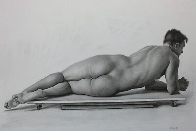 ORIGINAL male nude laying back view graphite pencil realism modern art drawing - Image 1 of 4