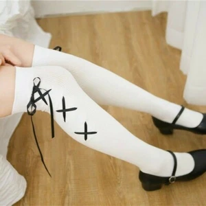Cotton Stockings Thigh High Over Knee Socks Lace Up Japanese Preppy Lolita - Picture 1 of 14