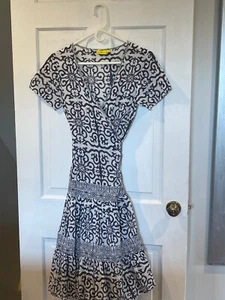 Roberta Roller Rabbit blue/white blockprint wrap dress. 100% cotton. Flattering - Picture 1 of 8