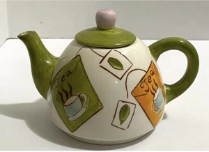 CLAY ART CERAMIC SINGLE SERVE TEAPOT WITH TEA BAG DESIGN, 3.25" TALL, 4" WIDE - Picture 1 of 1