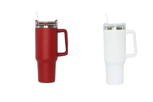 TWO 40 OZ STAINLESS STEEL TUMBLER WITH HANDLE & STRAW - WHITE and Red - Picture 1 of 3