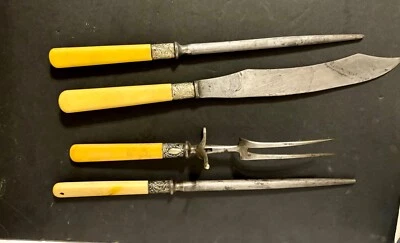 Antiguo juego de talla de 4 piezas de manijas de baquelita de 1800 y banda de ley Foto 1 de 4