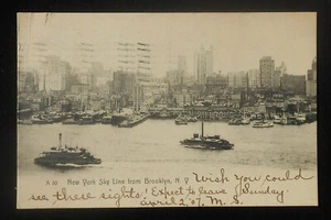 1907 New York Skyline from Brooklyn Ferry Boats Piers Ships NYC NY Postcard - Picture 1 of 1