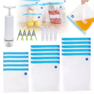 24PCS Reusable Vacuum Seal Bags Hand Pump Kitchen Vacuum Food Saver Storage Bags - Picture 1 of 10