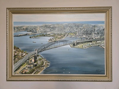 Placa Stanley Cheung "Sydney Harbour" óleo sobre tela emoldurada 104x64x4 cm original - Imagem 1 de 4