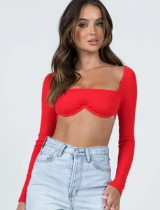 Top corto acanalado rojo Princess Polly Becca para mujer 14 manga larga busto con cable - Imagen 1 de 5