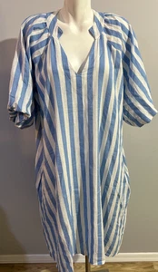 Cristina Vergani Women 1X Linen Summer Midi Dress White Blue Striped Pockets New - Picture 1 of 8
