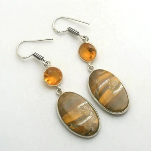 Tiger Eye Citrine Gemstone Handmade Drop Dangle Earrings Jewelry 2" AE-89864 - Picture 1 of 1