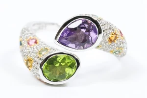 Sterling Silver 925 Amethyst Peridot Tourmaline Two Tone Gemstone Ring US6.5 – 8 - Picture 1 of 11