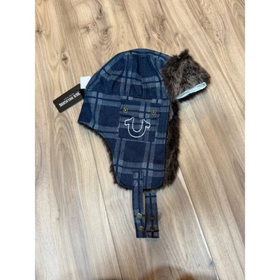 Sombrero de trampero True Religion a cuadros para hombre con ribete de piel sintética marrón azul Foto 1 de 4