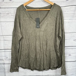 LULUS Damen Top Langarm Loose Fit olivgrün V-Ausschnitt gerippt Gr. S - Bild 1 von 6