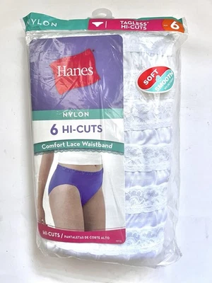 HANES NYLON TAGLESS HI CUT 蕾丝腰棉衬里 6 包女式 6 码 — 第 1/2 张图片
