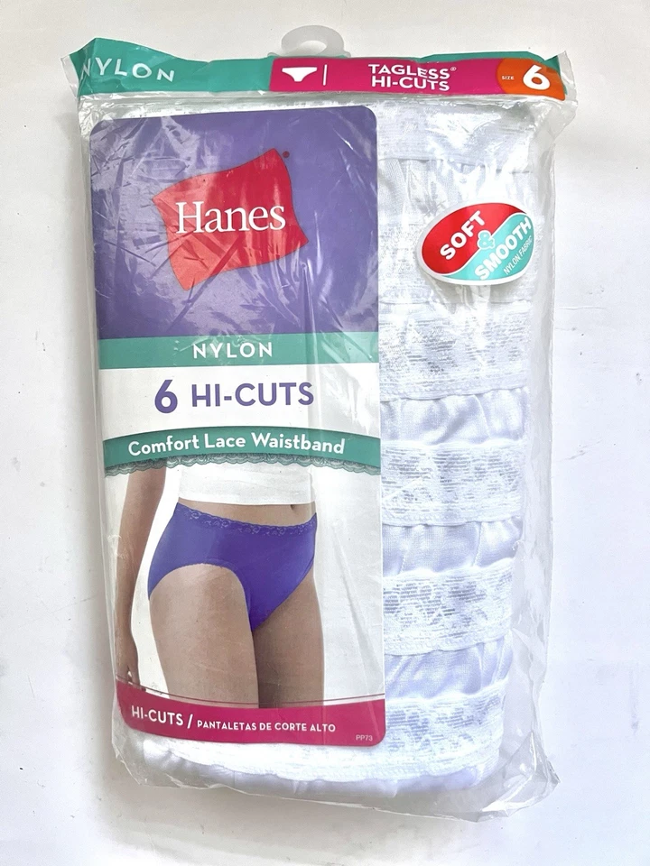 HANES NYLON TAGLESS HI CUT LACE WAIST COTTON LINER 6 PACK WOMEN'S SIZE 6 - Image 1 of 2