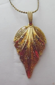 Vintage Diamond Dusted Gold Leaf Pendant On Chain -Elegant Bling - Picture 1 of 6