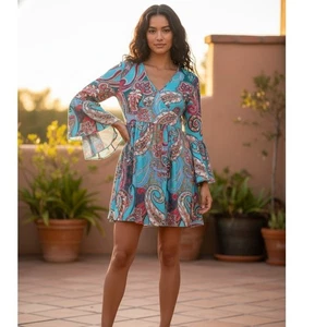 Damen Minikleid Größe Large Paisleymuster Glockenärmel V-Ausschnitt Mehrfarbig Hippie - Bild 1 von 12