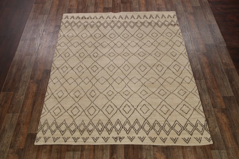 Handmade Beige Moroccan Area Rug 8x10 Ft Tribal Modern Oriental Wool Carpet  - Image 1 of 4