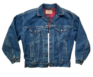 VTG Levi's Jeans Denim Trucker Jacket Red Buffalo Plaid Lined Youth L Adult S - Picture 1 of 14