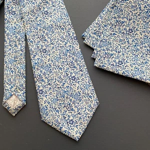 A Handmade Katie & Millie Blue Liberty Fabric Men's Tie / Pocket Square Wedding - Picture 1 of 13