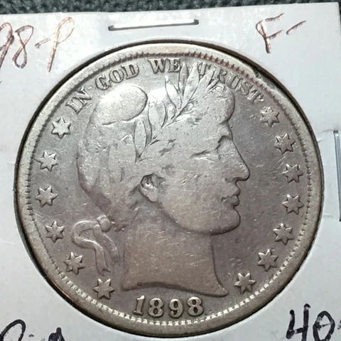 1898-P   Fine-  Barber Half Dollar  LITY and half BER   Rim Damage Cover