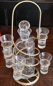 Vtg. 9pc MCM Gold Spiraled Metal Decanter Carrier Caddy 6 Shot Glasses - Picture 1 of 5