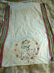 VTG 30s Stamped LINEN Towel DUTCH GIRL Days of Week SUNDAY Embroidery Stripe - Picture 1 of 3