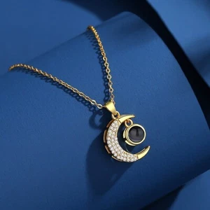 Dainty Personalized Moon Photo Projection Necklace • Memorial Photo Pendant - Picture 1 of 10