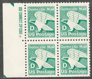 US. 2111, "D" Eagle. USPS Domestic Mail Postage. "Zip" Block of 4. MNH. 1985 - Picture 1 of 1