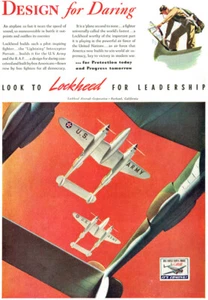 Lockheed Aircraft P-38 Lightning Design para Daring Burbank California 1942 anuncio - Imagen 1 de 1