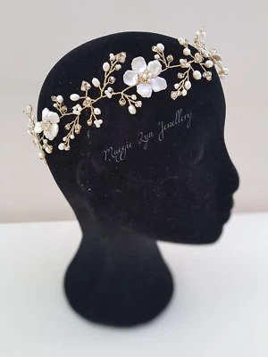 Bridal halo, flower crown wreath, wedding hair vine head piece champagne gold UK - Image 1 of 4