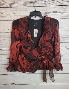 NWT Connected Red Floral Ruffle Sheer Long Sleeve Casual Wrap Top Women's Size 8 - Picture 1 of 10