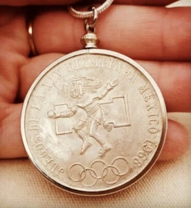 Aztec Pesos ~1968 XIX MEXICO OLYMPICS COIN PENDANT ~ 24" Sterling Chain Necklace - Picture 1 of 7