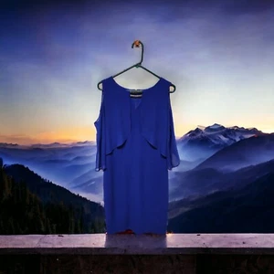 Beautiful Flutter Sleeve Blue Dress With Gold Embellishments, Size 10 - Picture 1 of 4