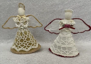 Par de adornos de ángel de ganchillo blanco dorado rojo 6 pulgadas decoración de Navidad colgante - Imagen 1 de 6