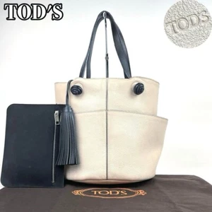 Used White Calf Leather Tod's Bucket Bag with Pouch and Tassel Handbag - Picture 1 of 10