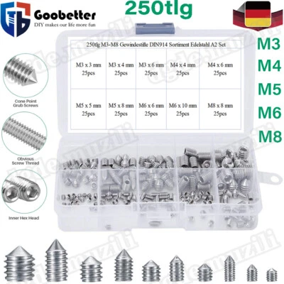 GOOBETTER 250tlg Gewindestifte DIN 914 Edelstahl A2 Madenschrauben Sortiment Set M3 - M8