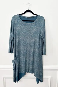  Geschnitten lose blaugrün/grau abstraktes Design Shirt Tunika Oberteil Lagenlook weich Stretch Gr. S - Bild 1 von 6