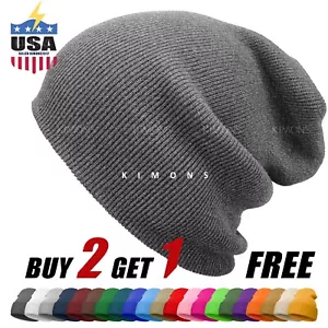 Solid Plain Slouchy Knit Beanie Hat Ski Skull Winter Men Women Cuff Cap Baggy CF - Picture 1 of 25