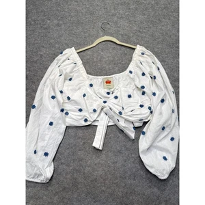Farm Rio Top Damen XL weiß blau Blumen Stickerei Crop Puffärmel Strand - Bild 1 von 6