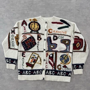 Vintage Teacher Classroom Sweater Cardigan 1990s Women’s Medium School ABCs Art - Picture 1 of 21