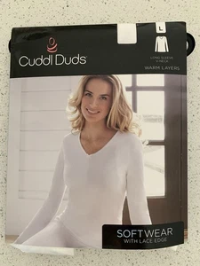 Cuddl Duds L Neu mit Etikett V-Ausschnitt Langarm Softwear mit Spitzenrand weiß - Bild 1 von 6
