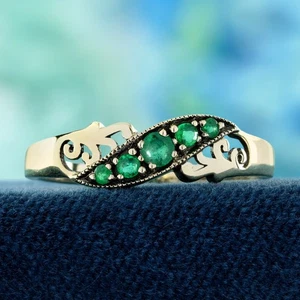 9K Yellow Gold Emerald Vintage Style Curved Ring - Picture 1 of 9